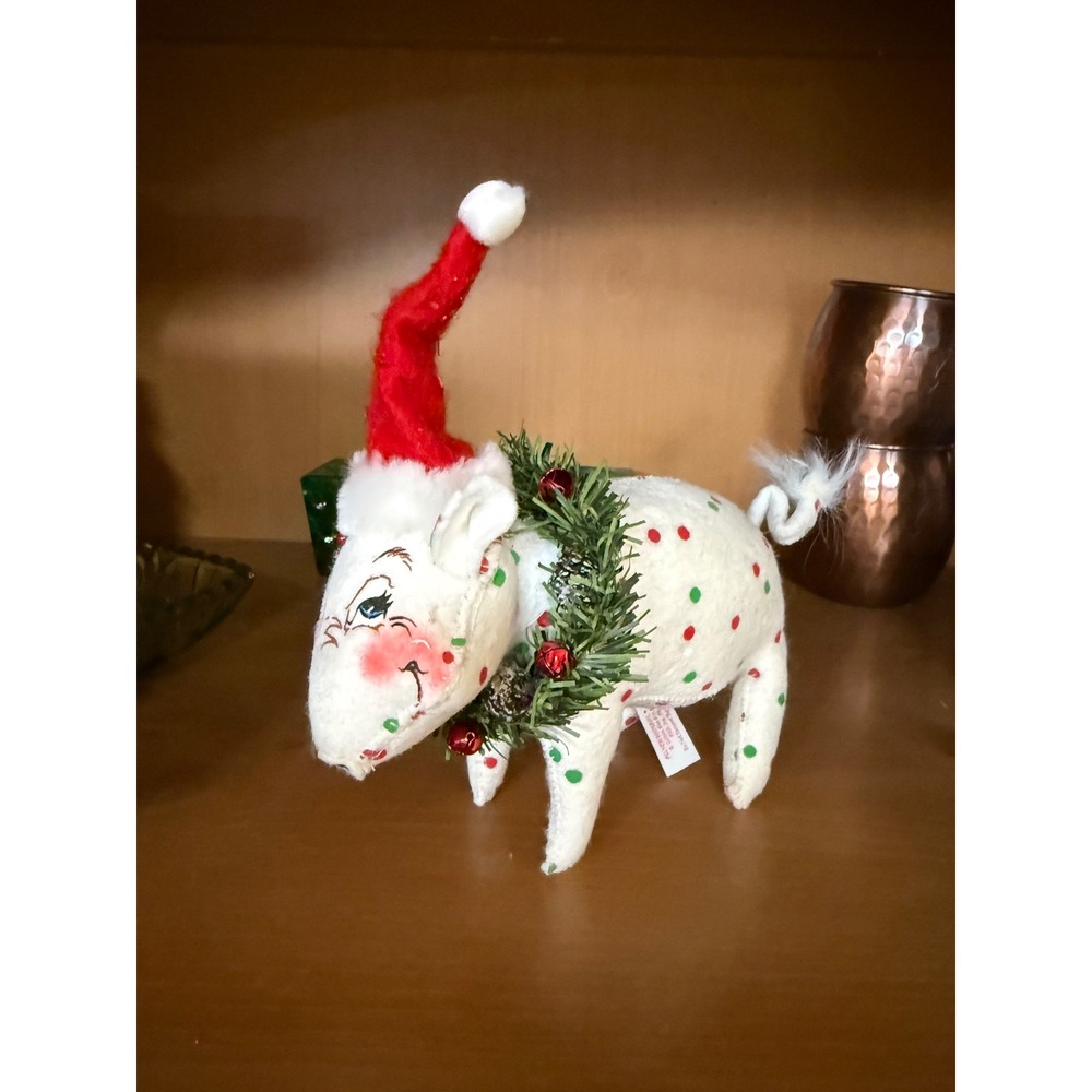 Annalee‎ 2006 Christmas Pig w/ Santa Hat 8" Polka Dots Christmas Dolls Holiday
